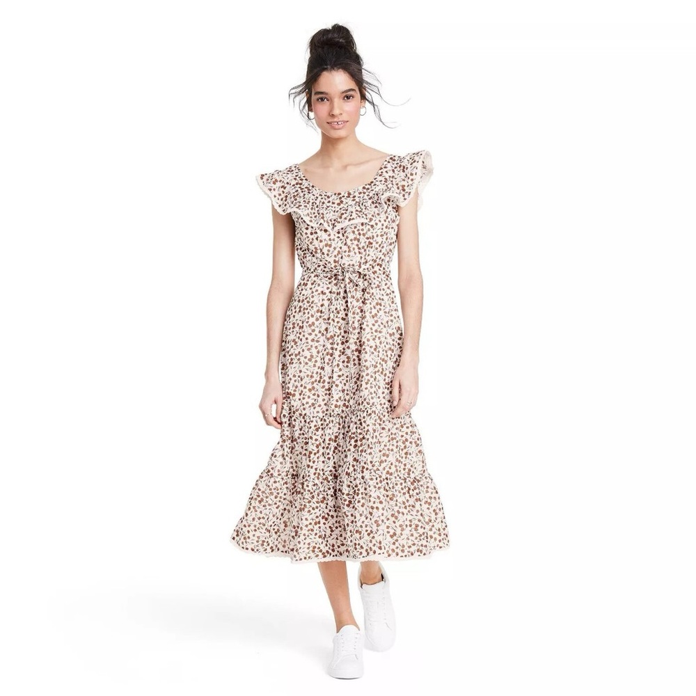 RIXO Cream Midi Dress with Brown Floral Print